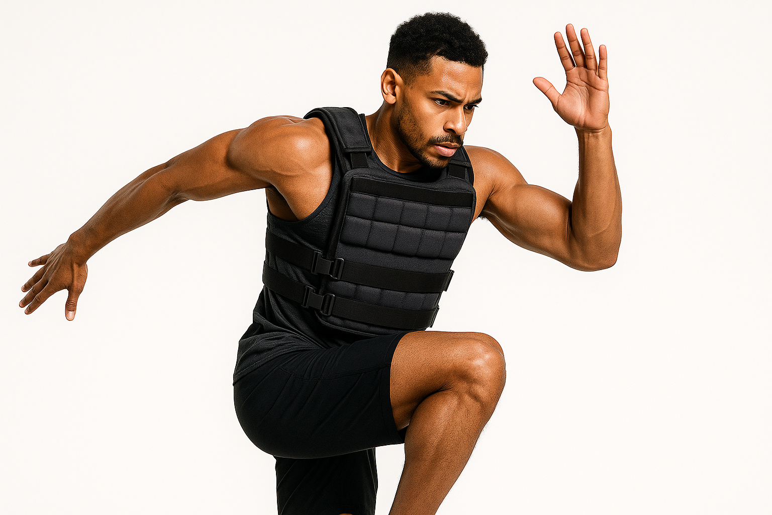 Clean hero banner for fitness brand PrysmFit, athletic person wearing weighted vest in dynamic workout pose, no text or words anywhere in the image, pure visual impact, professional fitness photography, motivational energy, modern minimalist design, works for both desktop and mobile